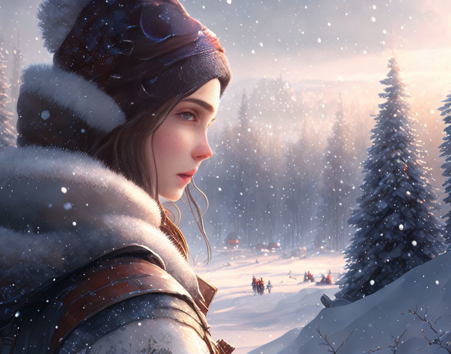 Winter-themed digital artwork featuring a woman and snowy landscape