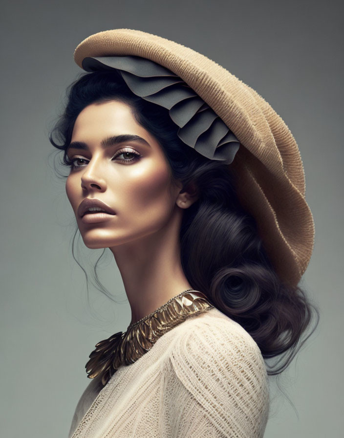 Woman with striking makeup, large hat, gold necklace, and wavy hair pose.