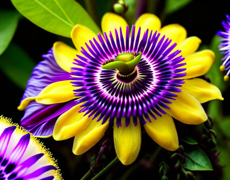 Colorful Passionflower with Purple Filaments and Yellow Corolla on Dark Background