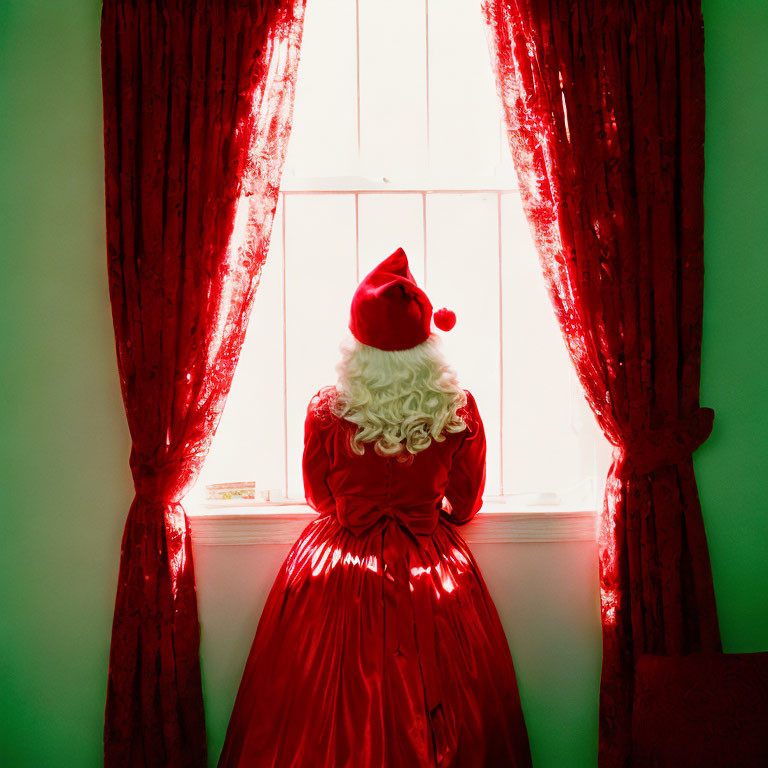 Santa costume and wig in green room with red curtains and bright window