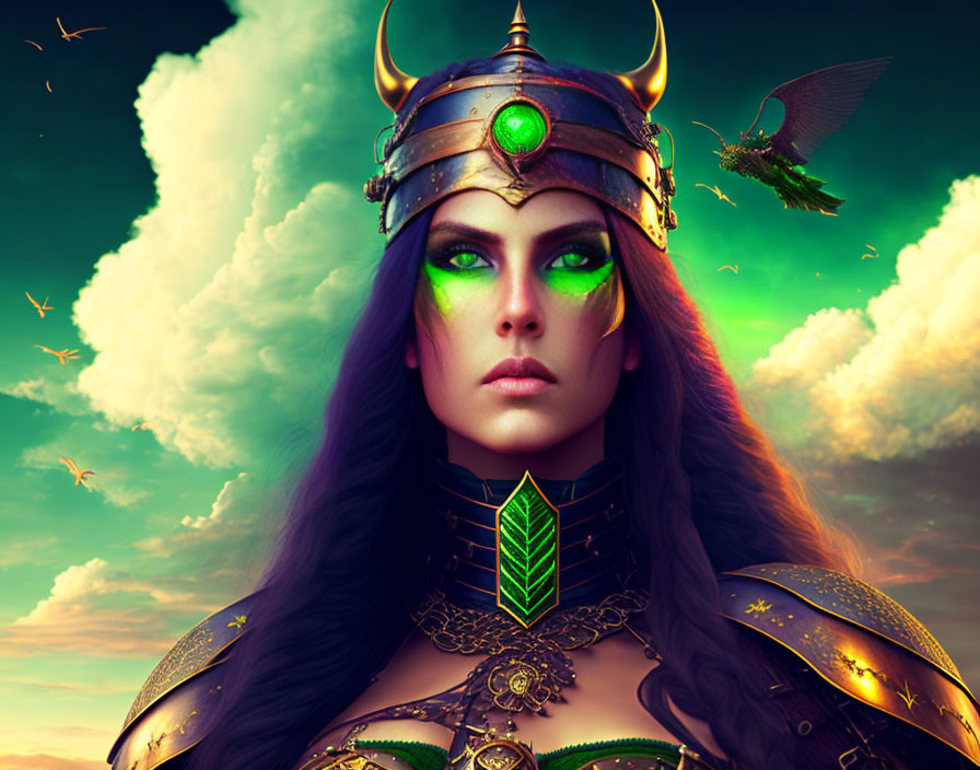 Fantasy portrait of a woman with green eyes and ornate helmet, with dragon in the sky