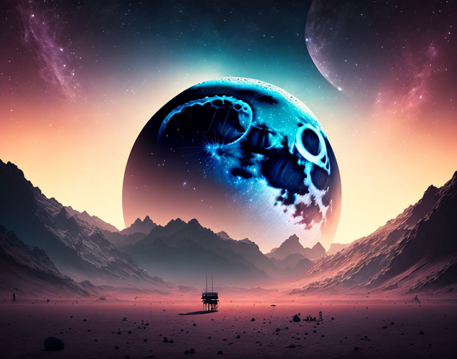 Surreal landscape with starry sky, giant mechanized planet, alien mountains, and solitary structure