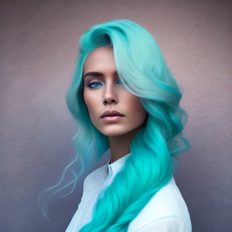 Vibrant turquoise hair woman with blue eyes on muted background