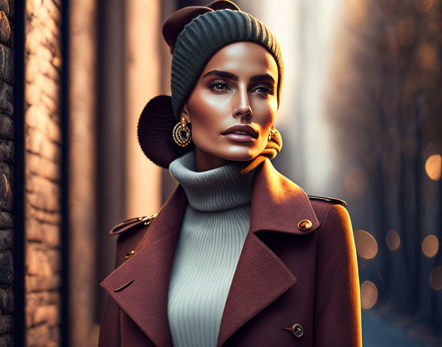 Fashionable woman in turtleneck and coat with beanie and earrings on autumn street.