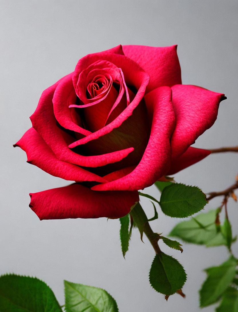 Vibrant red rose in full bloom on grey background