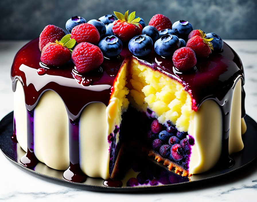 Colorful Berry-Topped Cake with Glossy Red Finish