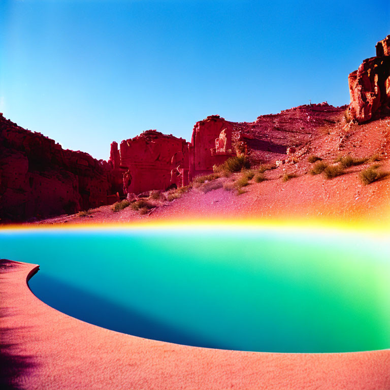 Teal River in Desert Landscape with Red Cliffs