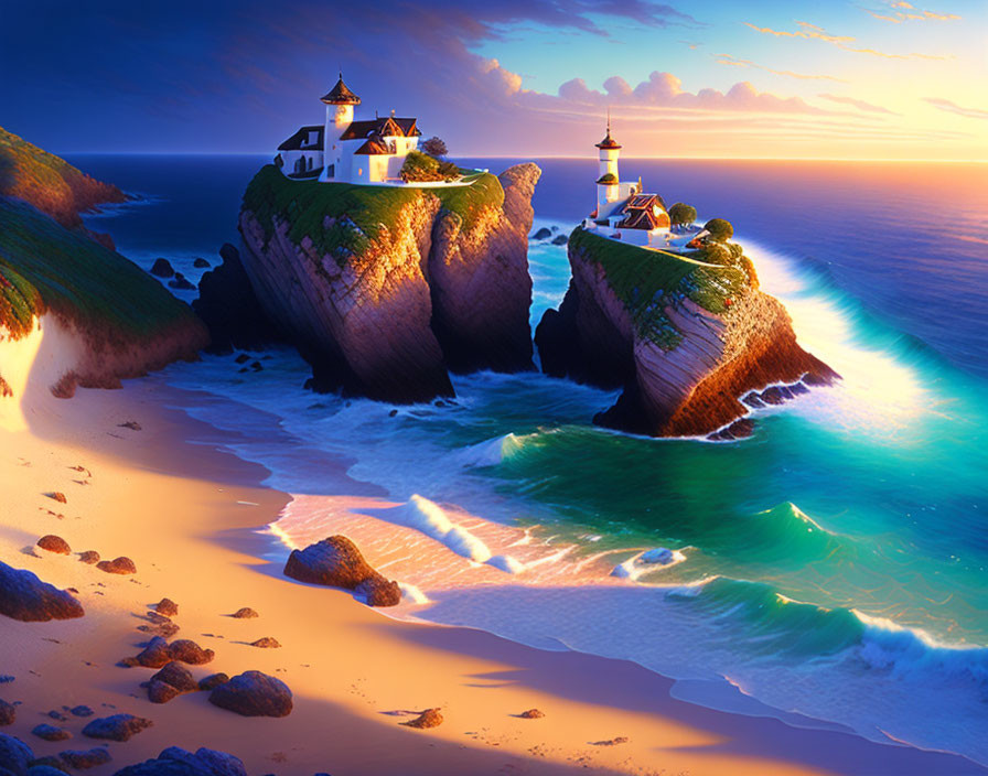 Tranquil sunset beach with two lighthouses on cliffs