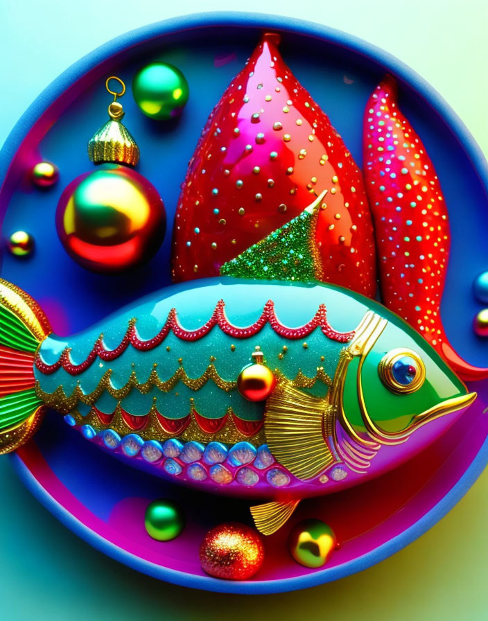 Colorful Decorative Fish Among Christmas Ornaments on Blue Background