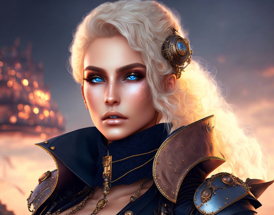 Digital Artwork: Woman with Curly White Hair and Ornate Armor