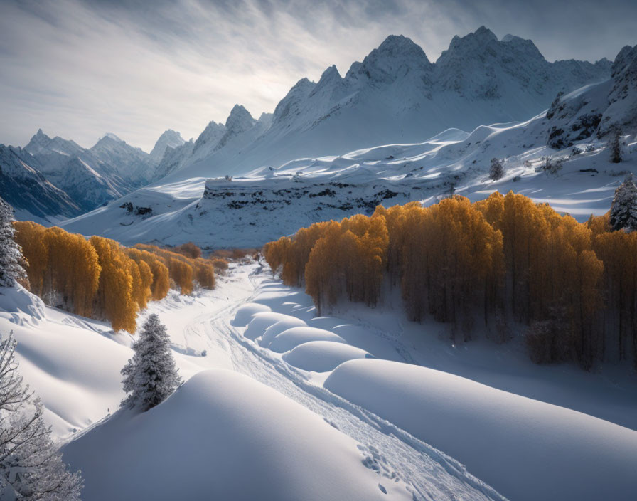 Winter Scene: Snowy Landscape, Footprints, Yellow Trees, Mountains