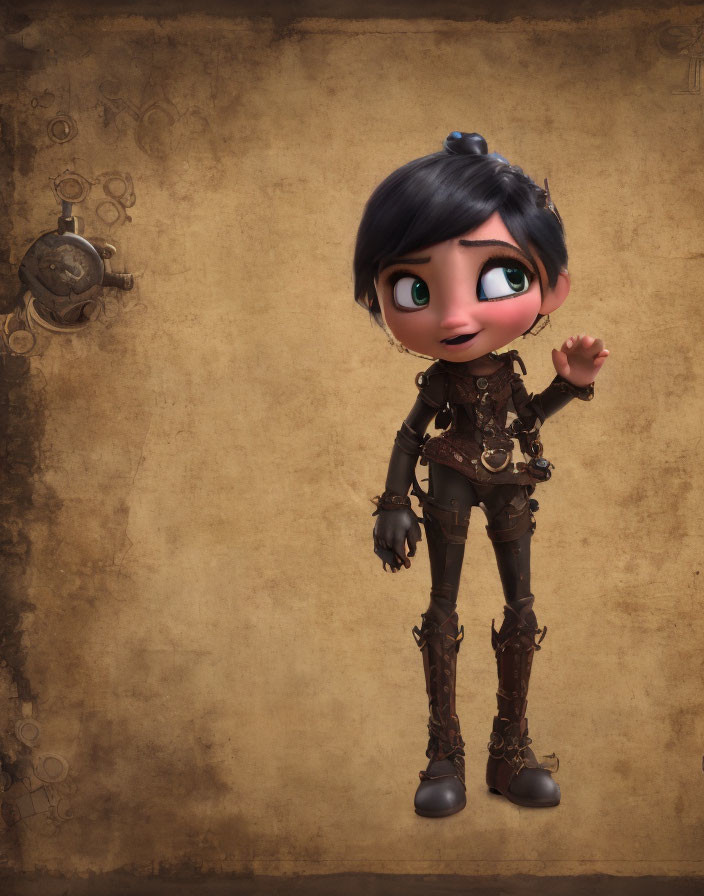 Young female character in steampunk attire with black hair and blue eyes smiling in digital illustration.