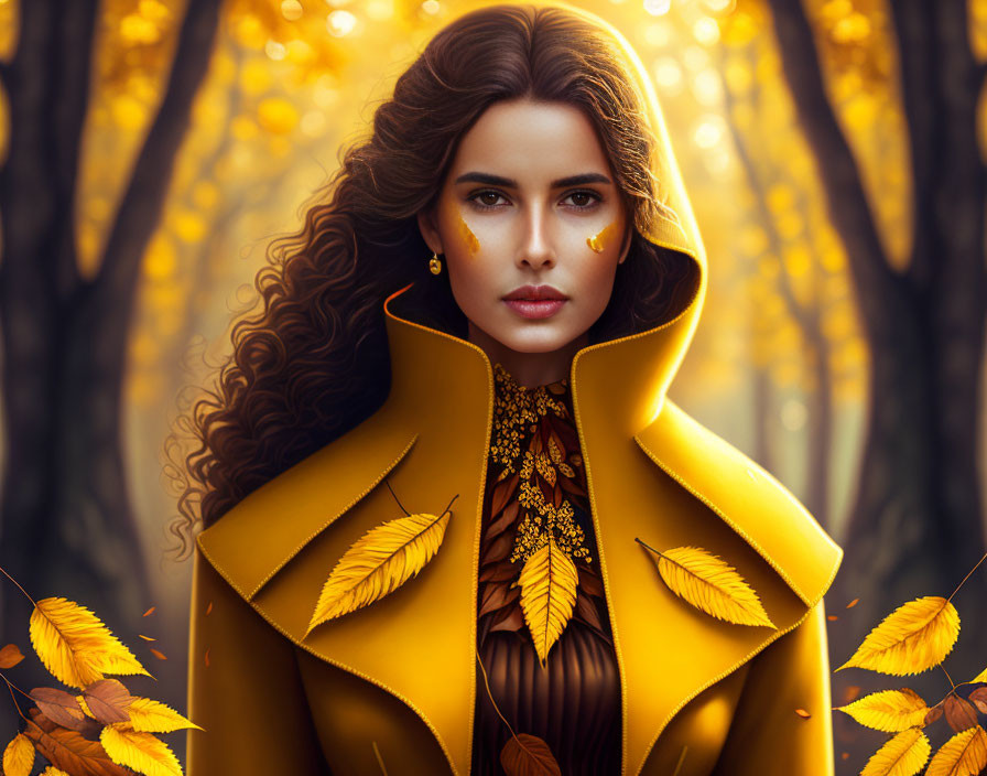 Woman with Voluminous Curly Hair in Golden Attire Surrounded by Autumn Leaves