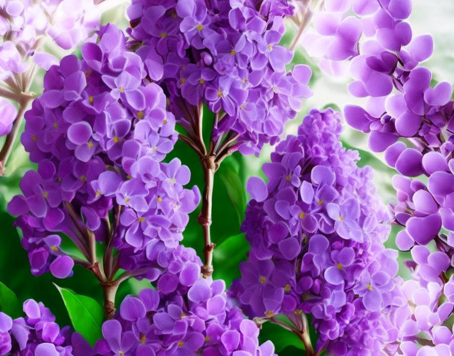 Vibrant purple lilac flowers in full bloom with green leaves.