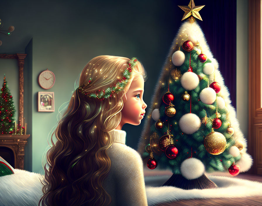 Young girl with wavy hair admires decorated Christmas tree in cozy room