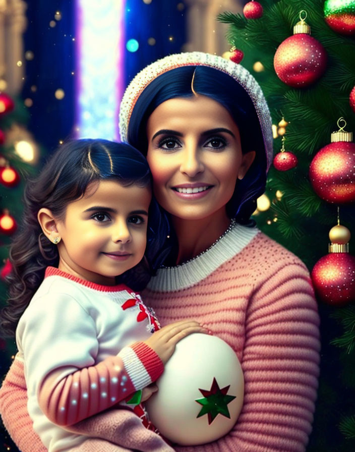 Woman and girl in festive attire holding Christmas ornament against backdrop.