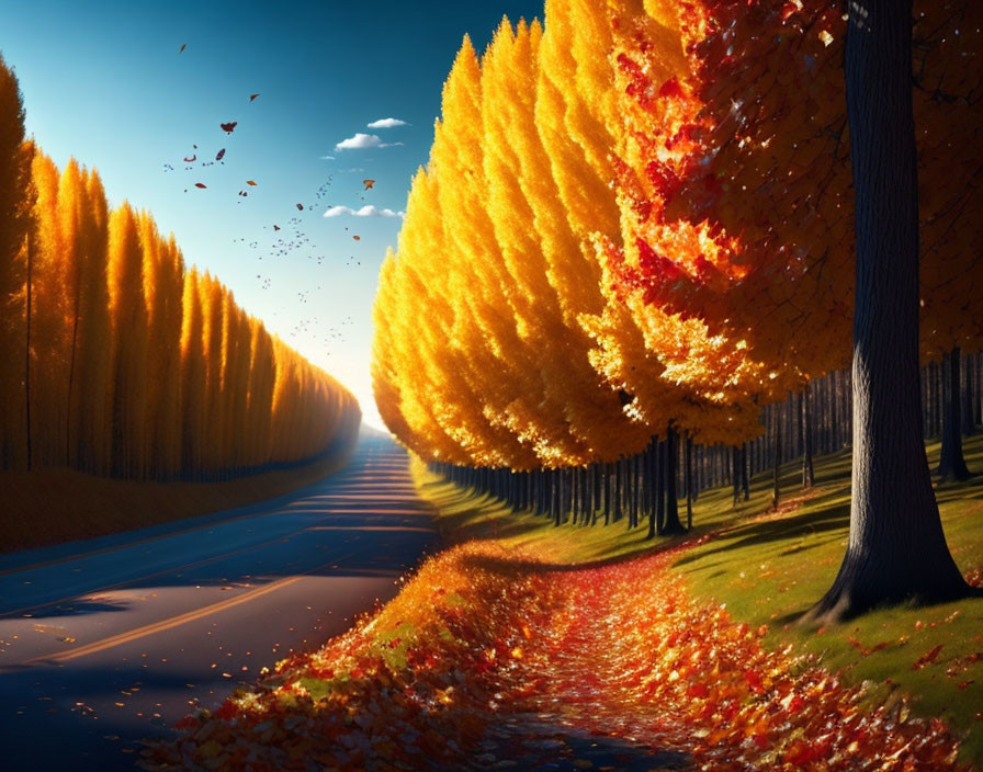 Vibrant autumn road with yellow and orange trees, fallen leaves, warm sunlight