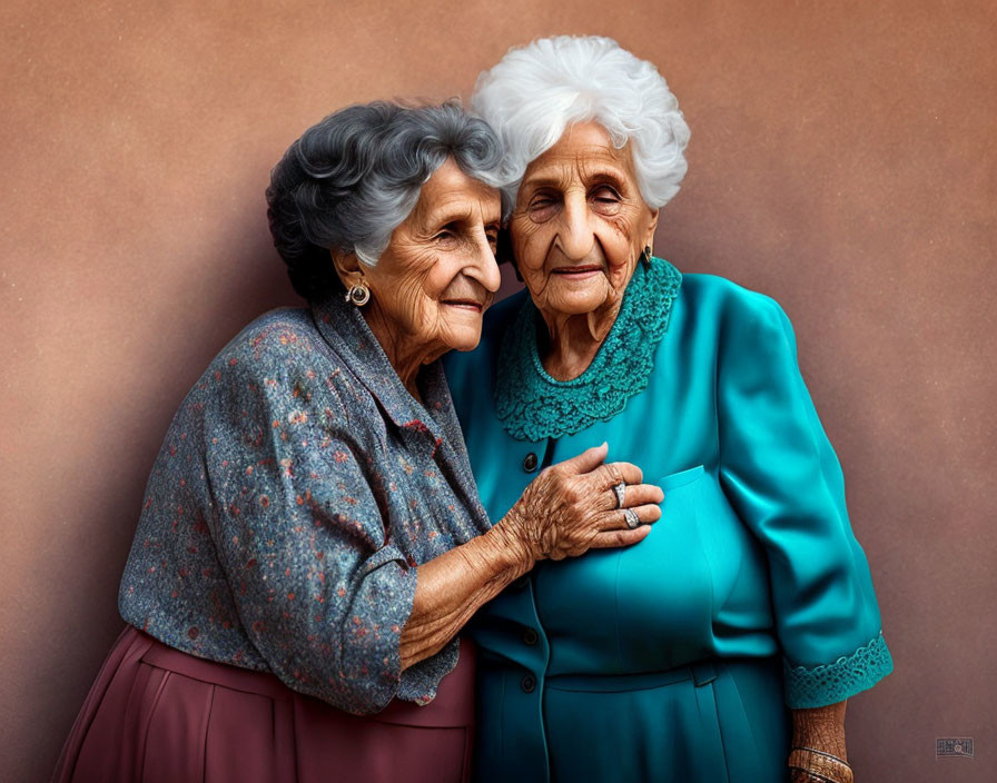 Elderly women embracing warmly, one whispering, both smiling