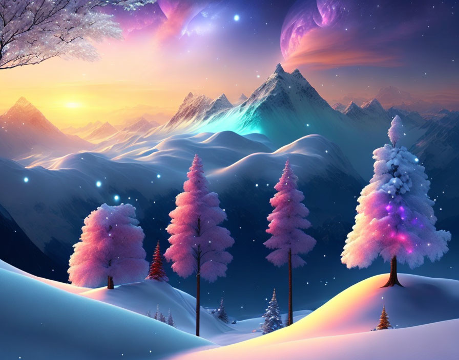 Snowy Landscape with Colorful Trees, Vibrant Sky, Aurora, and Planets