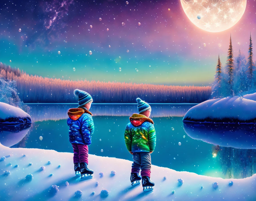 Children by snowy lakeside under starry sky with moon and colorful auroras.