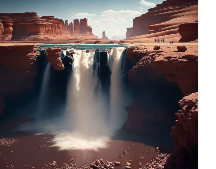 Majestic waterfall cascading into desert canyon pool