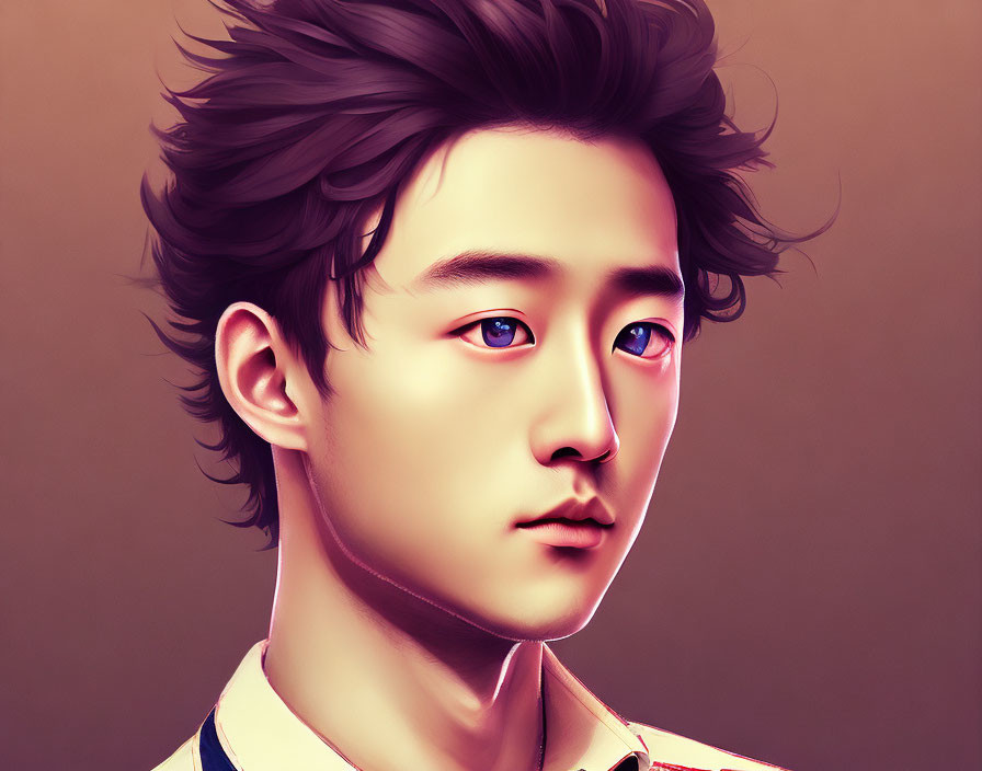 Young male digital art portrait with pink eyes and tousled hair on warm background