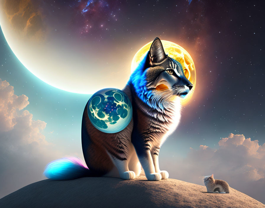 Colorful Cat with Planetary Elements Sitting Under Starry Sky