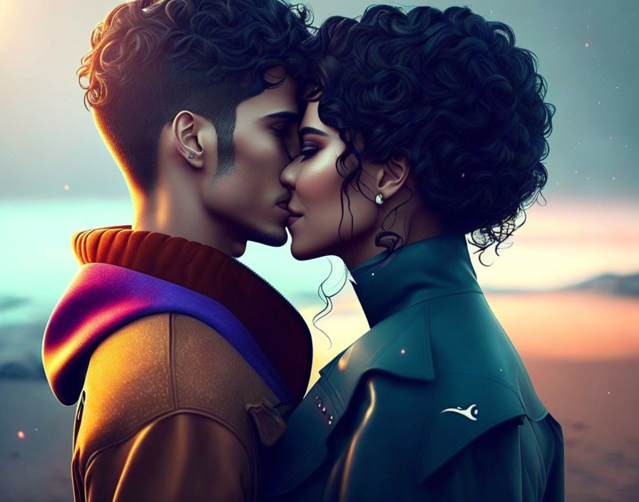 Romantic couple with curly hair kissing against twilight sky