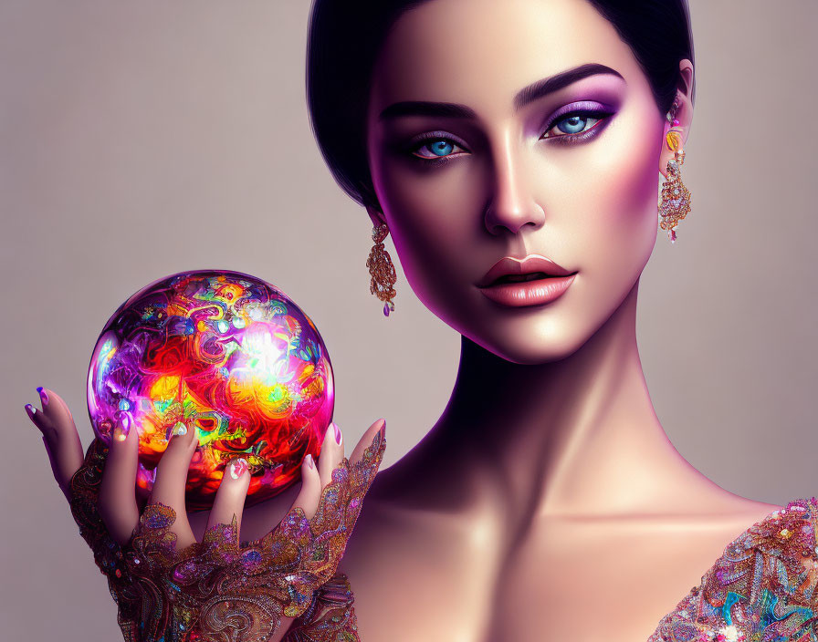 Digital artwork: Woman with blue eyes holding colorful orb on neutral background