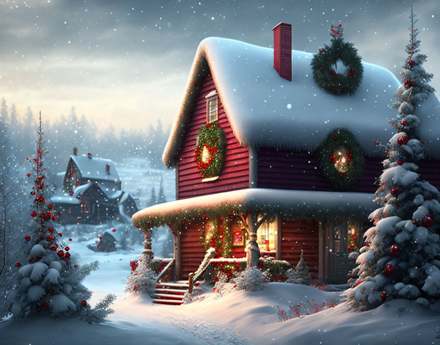 Snow-covered Christmas cottage in serene wintry village at twilight