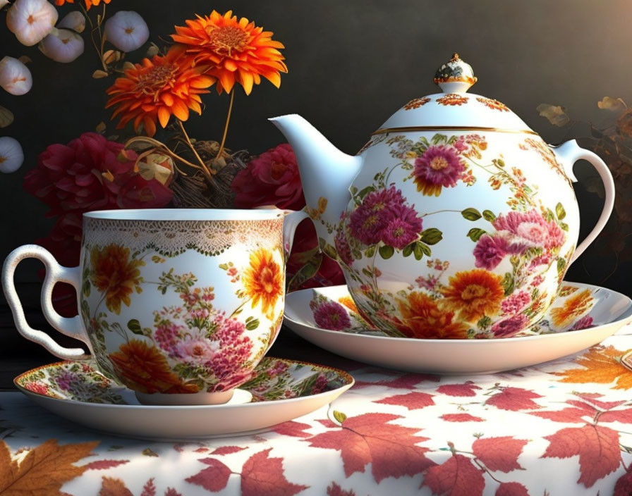 Floral-Patterned Porcelain Teapot and Cup Set with Autumn Flowers