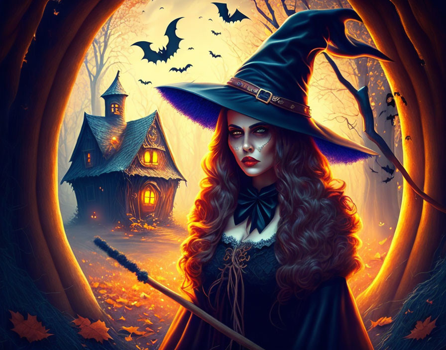 Red-lipped witch in blue hat, mystical forest with bats, eerie cottage, autumn leaves