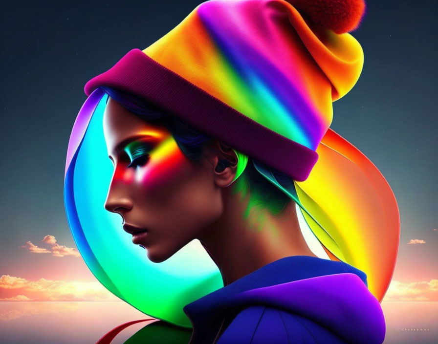 Person with Rainbow Lighting Effects and Multicolored Beanie in Sunset Sky