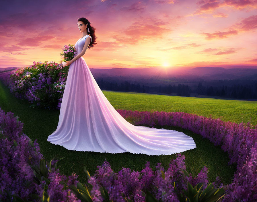 Woman in White Dress Surrounded by Purple Flowers at Sunset