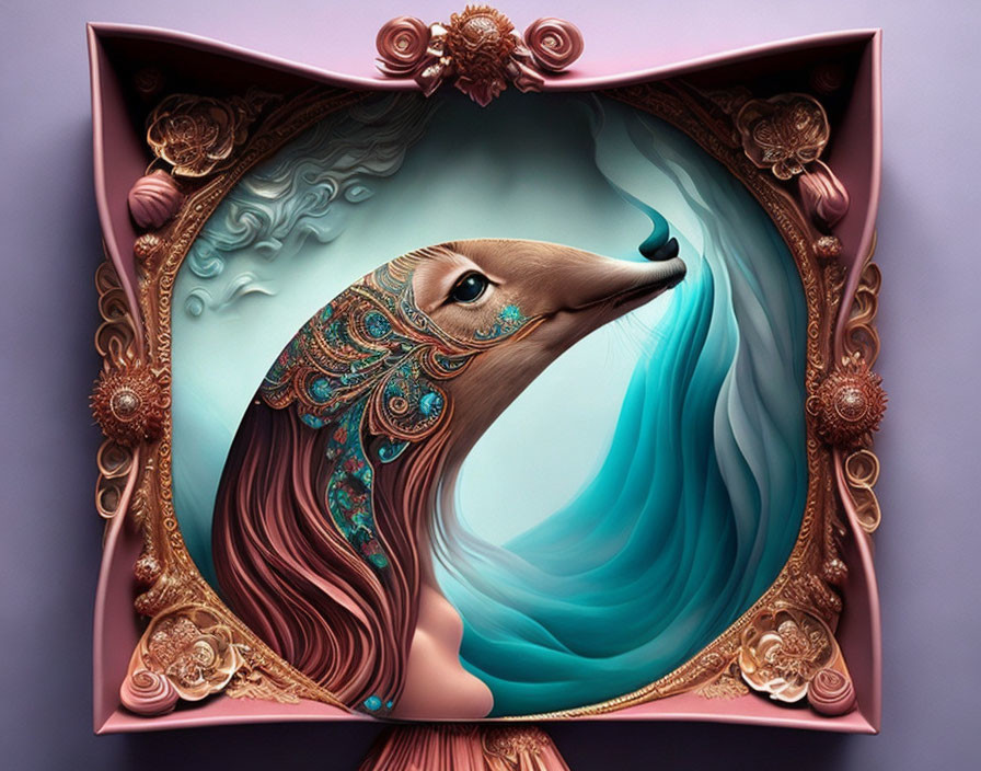 Ornamental peacock with teal tail in baroque-style frame