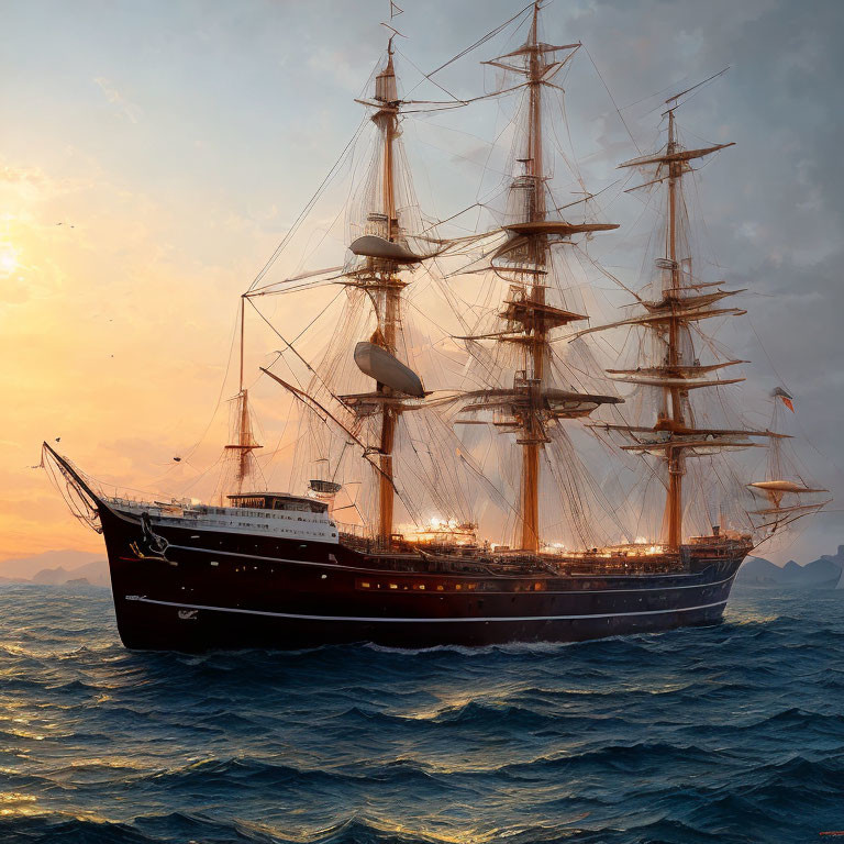 Sailing ship with partially unfurled sails on cloudy dusk sea