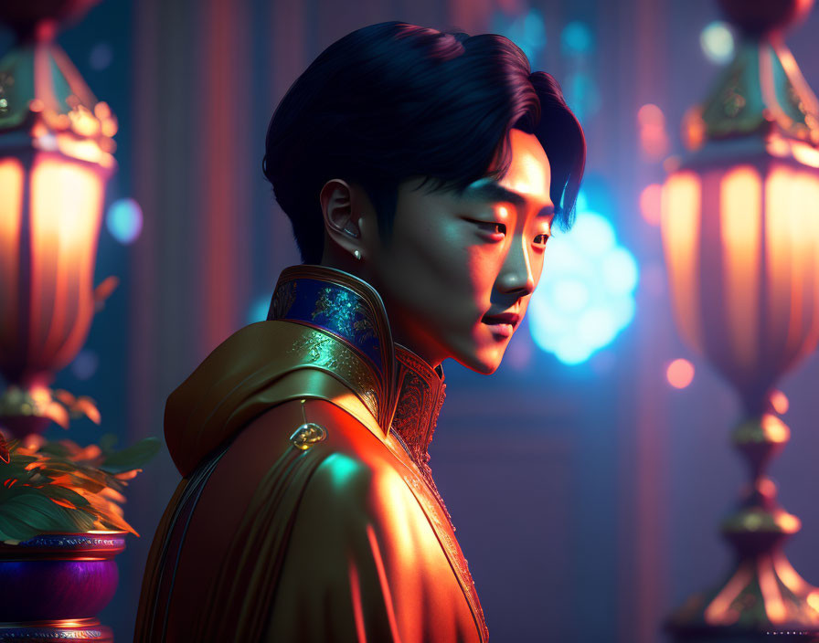 Stylized portrait of Asian man in golden armor with lantern backdrop