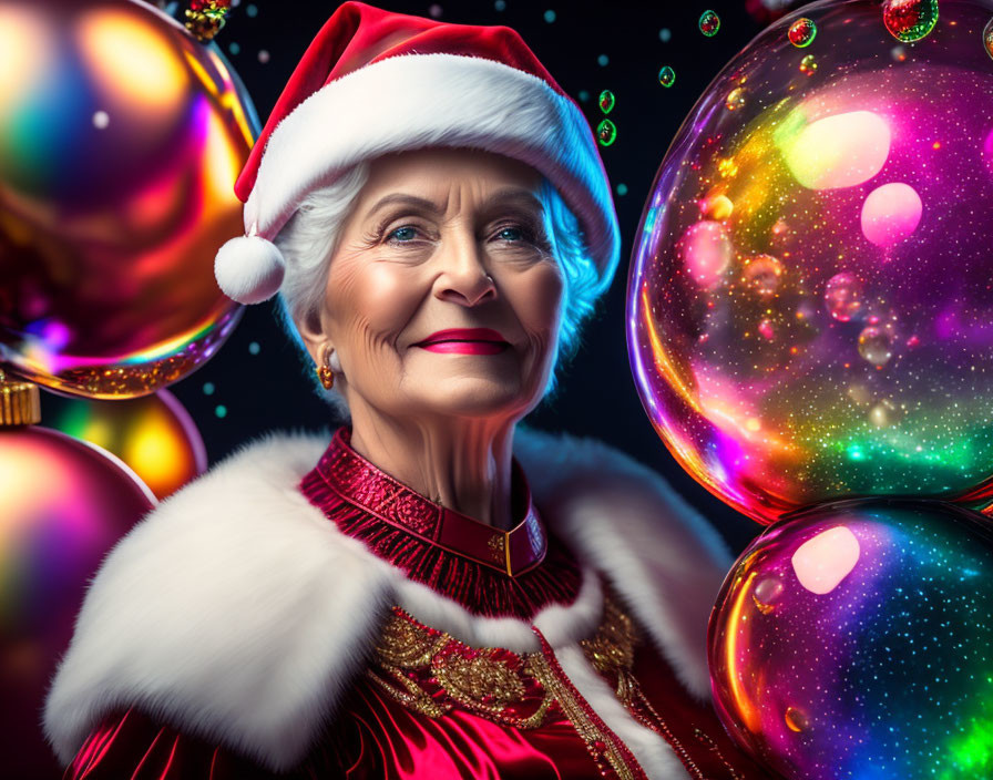 Elderly woman in Santa hat surrounded by colorful Christmas decor