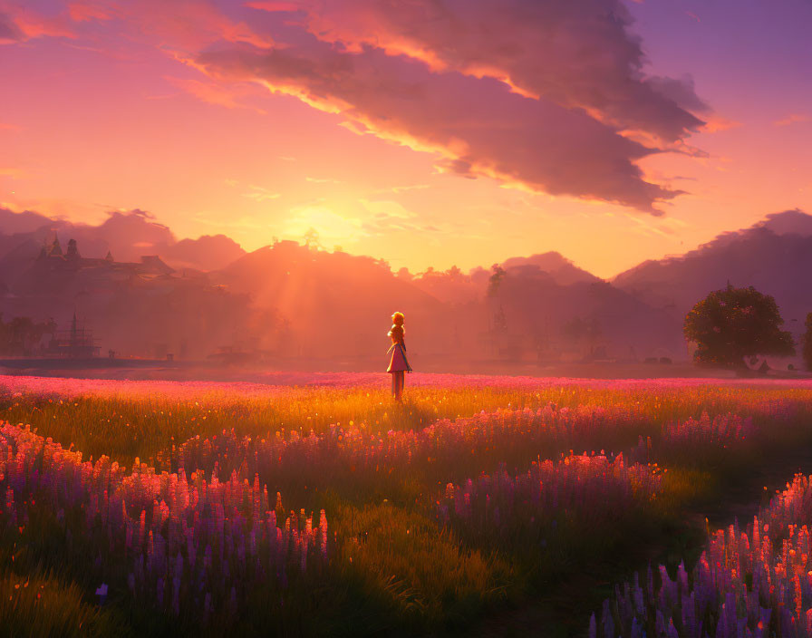 Person in Purple Flower Field at Sunset with Village Backdrop