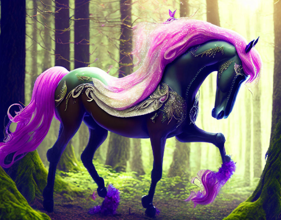 Majestic black horse with vibrant pink mane and tail in enchanted forest