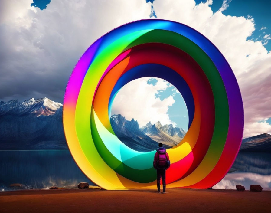 Colorful concentric circular sculpture by scenic lake and mountains