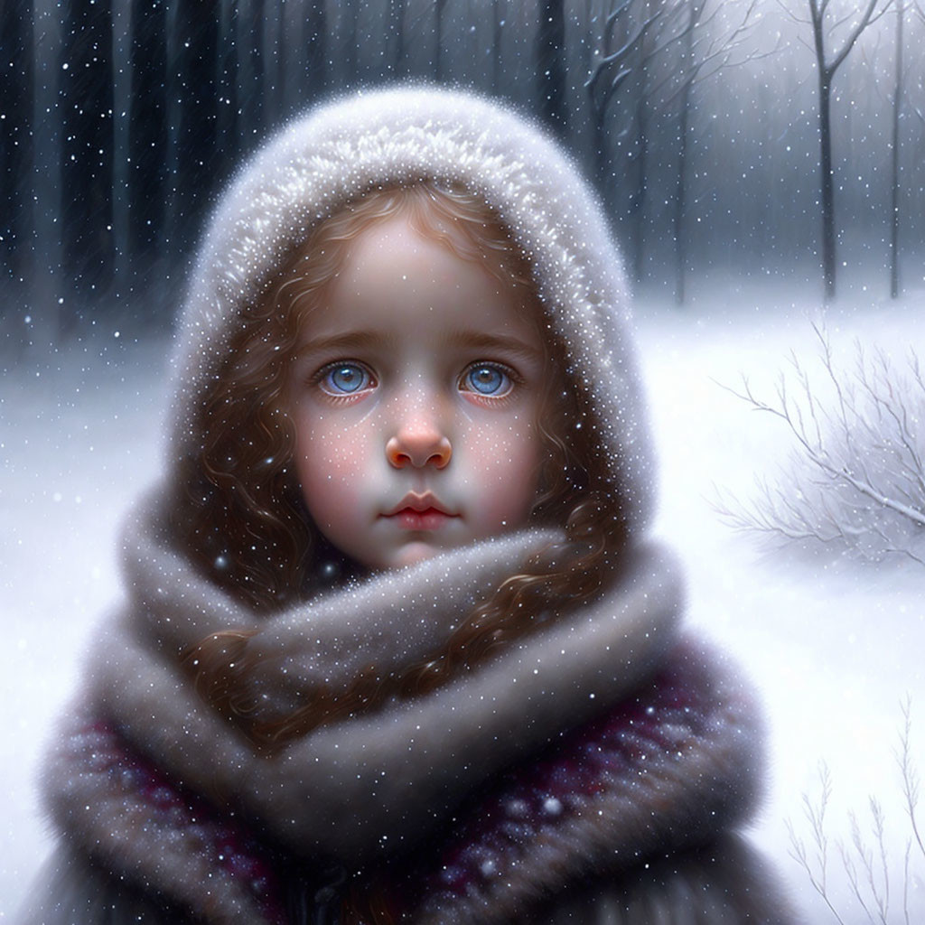 Child with Blue Eyes in Snowy Landscape with Falling Snowflakes