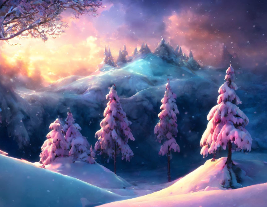 Twilight Winter Landscape with Snow-Covered Trees