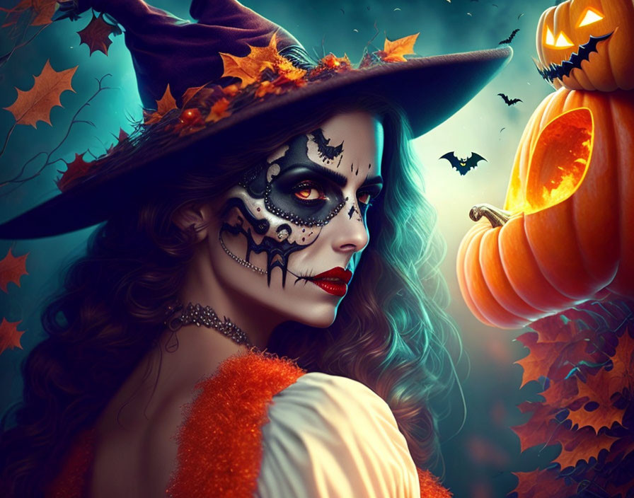 Woman with Day of the Dead makeup in witch hat with pumpkin & bats.