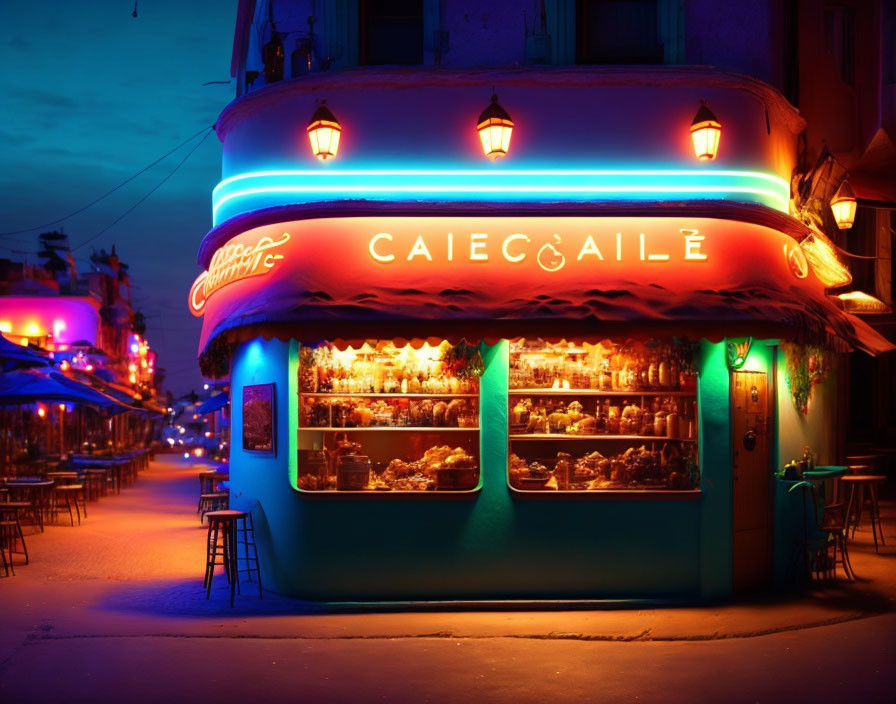 Vibrant street corner cafe at dusk: neon signs, pastries, empty seating