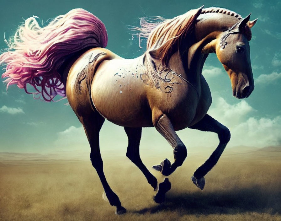 Majestic horse with pink mane galloping in field under dramatic sky