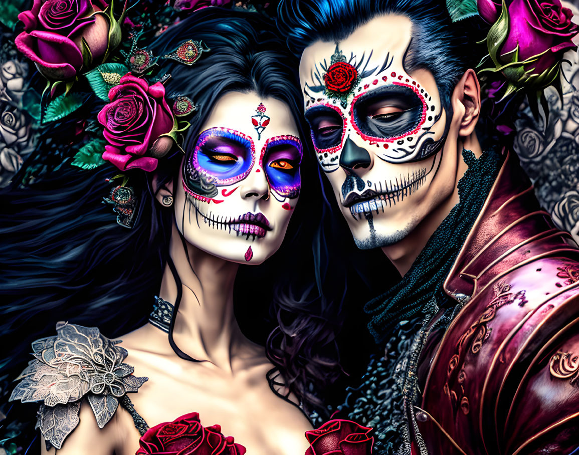 Elaborate Dia de los Muertos skull makeup with roses and vibrant floral designs