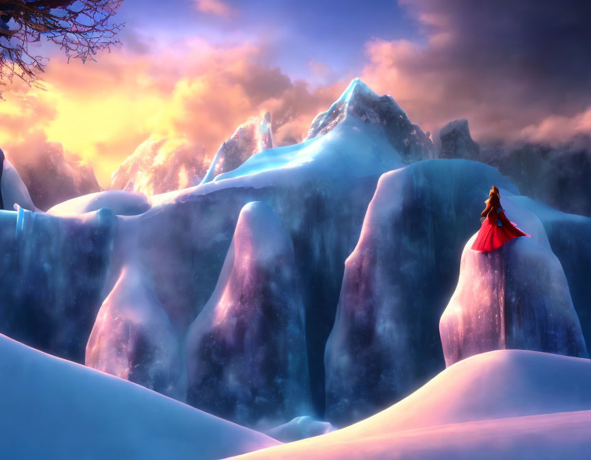 Person in Red Cloak on Snowy Hill with Blue Ice Formations