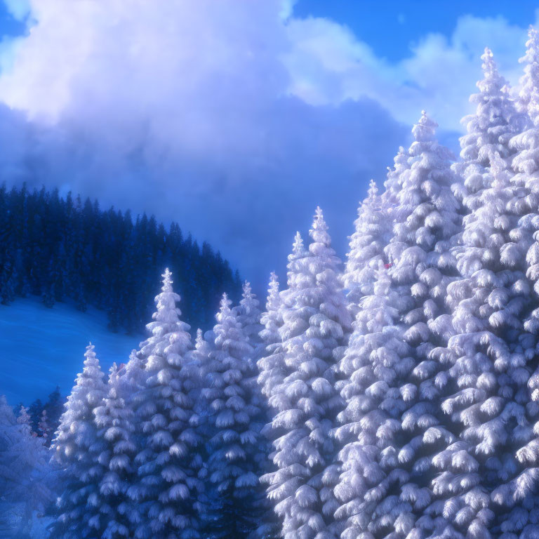 Winter scene: Snowy fir trees under blue sky with shadows on frosty ground