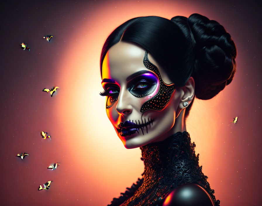 Day of the Dead makeup woman with skull design and butterflies on orange backdrop